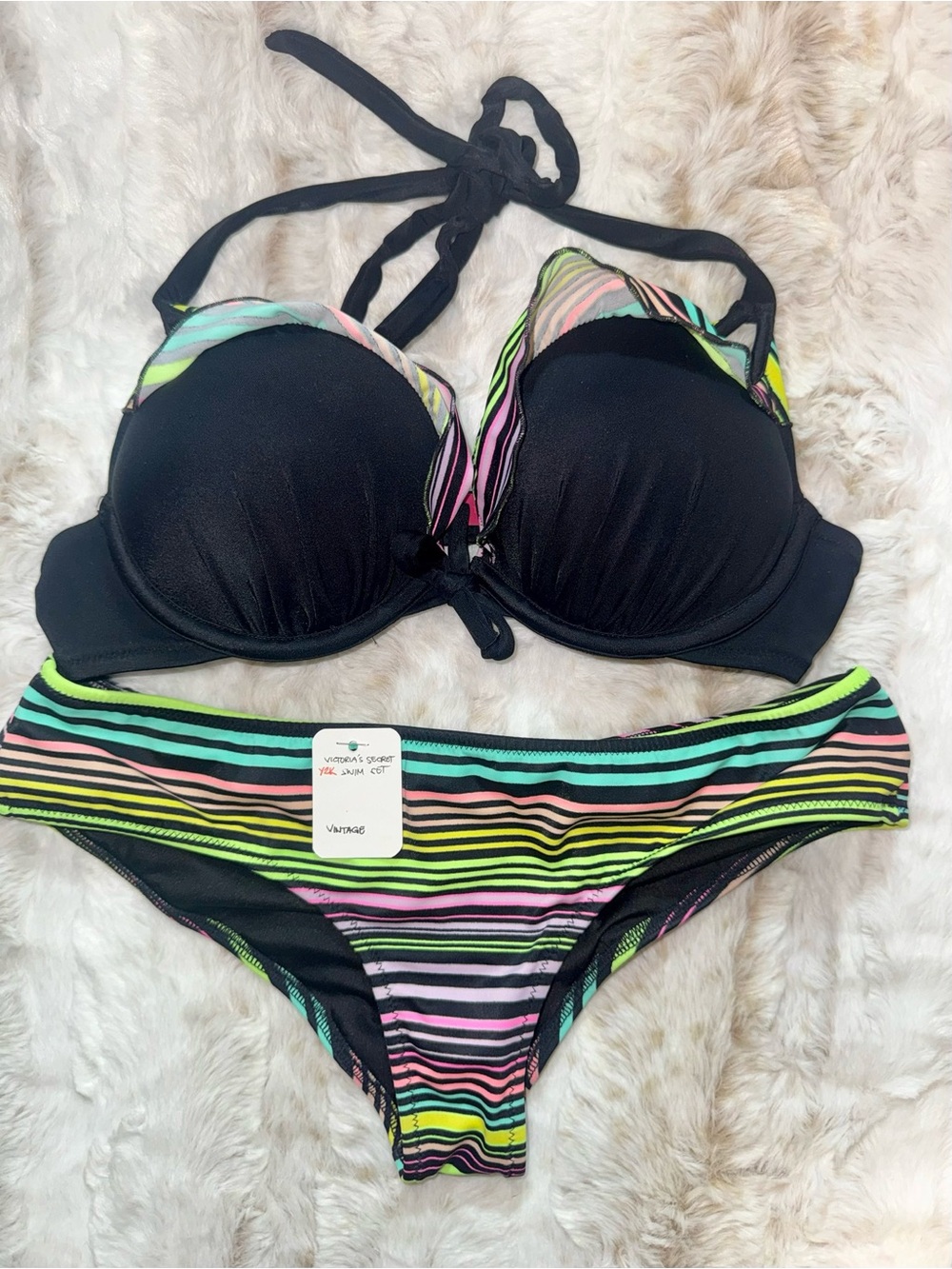 Y2K Victoria's Secret Add 2 Cups Bikini Ruffle Push Up Swim Set Neon Stripes